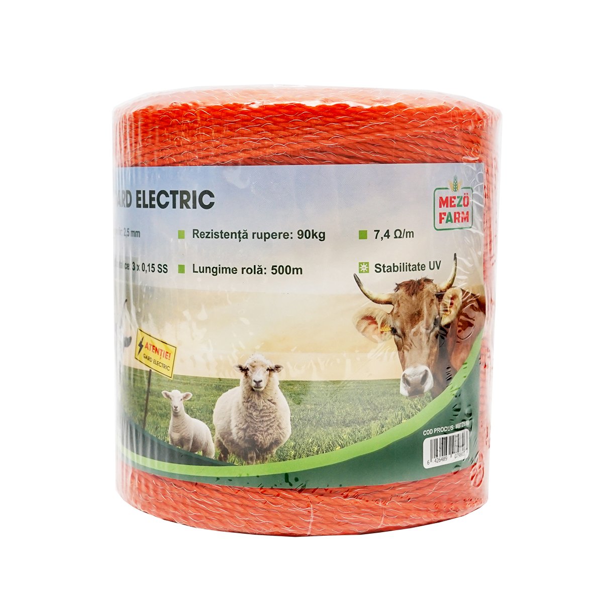 Rola fir portocaliu fi 2.5mm insertie metalica 3x0.15mm SS, rezistenta 7.4 Ohm/m, 500m gard electric Mezofarm